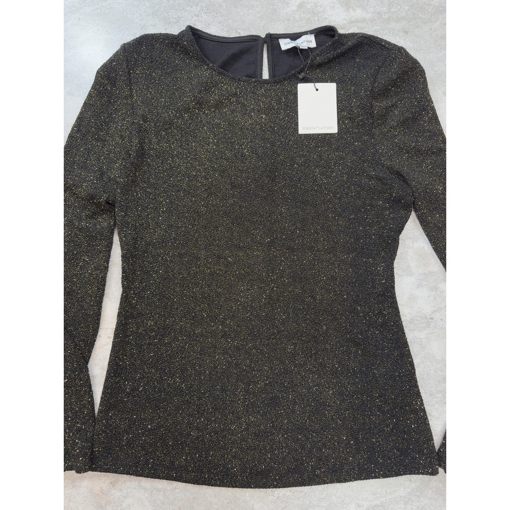 Gibson Latimer Top Womens Medium Black Gold Glitter Long Sleeve Pullover Party